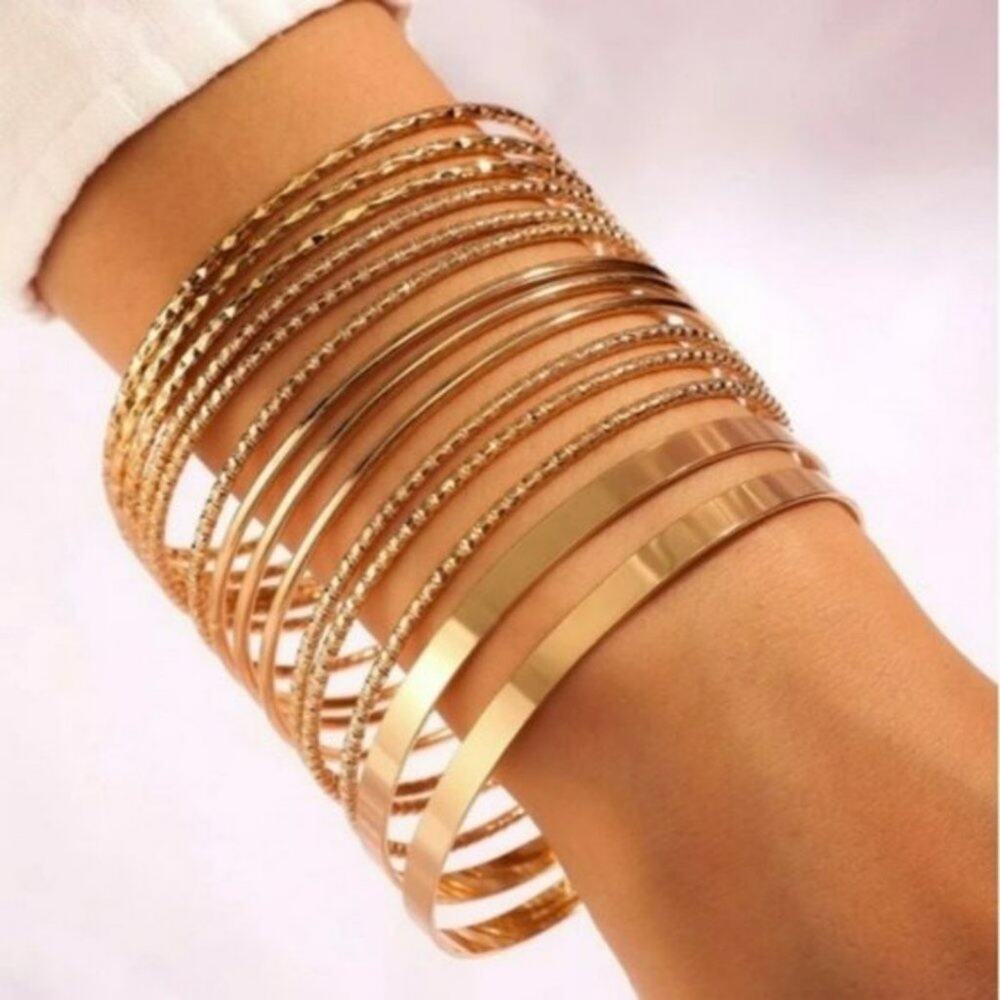Gold Stackable Bracelet Set 12pc Layered Bangles Trendy Boho Minimalist Shiela
